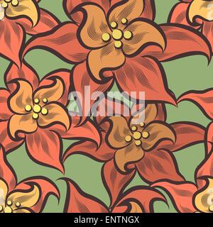 Seamless pattern tropicale con fiori selvatici disegnato in stile retrò. Illustrazione Vettoriale