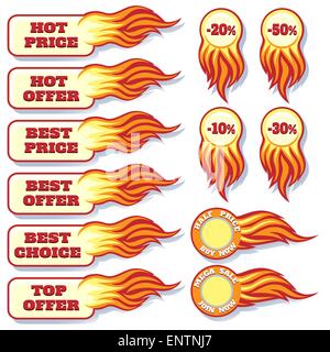 Un vettore di prezzo a caldo e offre i badge con fiamma isolato su bianco Illustrazione Vettoriale