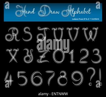 Disegnare a mano alfabeto. Lettere da r a z e numeri. Isolato su sfondo nero. Illustrazione Vettoriale