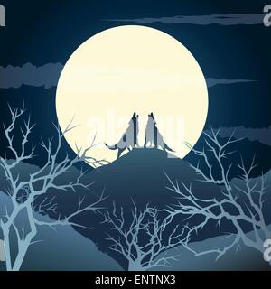 Il lamento dei lupi su una collina contro la luna piena. Illustrazione Vettoriale