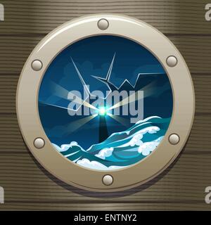 Illustrazione del faro in mare tempestoso attraverso la finestra della nave Illustrazione Vettoriale