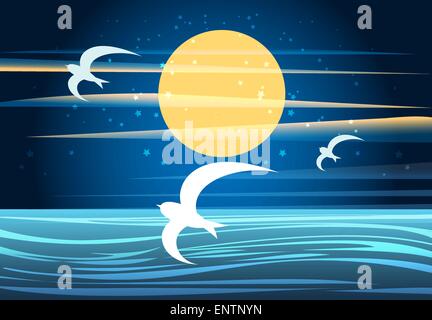Una illustrazione vettoriale di notte estiva seascape con la luna piena e battenti gabbiani Illustrazione Vettoriale