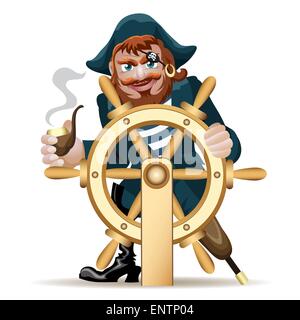 Illustrazione del pirata sorridente dietro un volante con tubo di fumo isolato su bianco Illustrazione Vettoriale