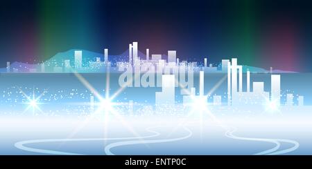 Illustrazione vettoriale della città di notte contro le luci di aurora Illustrazione Vettoriale