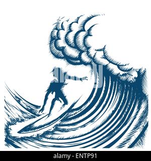 Surfer equitazione grande onda disegnata nel retro stile di incisione. Isolato su sfondo bianco Illustrazione Vettoriale