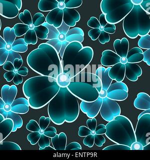 Modello senza cuciture con fiori su sfondo scuro disegnato con uso dei gradienti Illustrazione Vettoriale