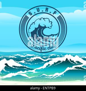 Surf Club logo o emblema contro la tempesta marina tropicale. Gratuito solo font utilizzato. Illustrazione Vettoriale