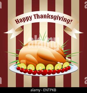 Illustrazione vettoriale di preparato la Turchia su un vassoio e nastro disegnato in uno stile rétro Illustrazione Vettoriale