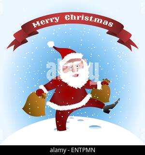 Divertente illustrazione di Babbo Natale con sacchi di doni in cumuli di neve profonda Illustrazione Vettoriale