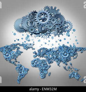 Il cloud computing concetto e global internet tecnologia simbolo come mappa del mondo fatto di ingranaggi della macchina e un gruppo di ingranaggi forma Foto Stock