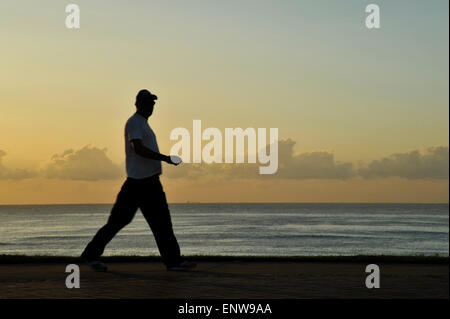 Durban, KwaZulu-Natal, Sud Africa, silhouette, attivo singolo adulto uomo a camminare al mare, guardando il tramonto sull'oceano, paesaggio, persone Foto Stock