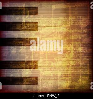 Abstract marrone grunge incrinato simboli musicali vintage sfondo con tasti di pianoforte Illustrazione Vettoriale