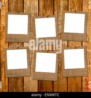 Sei grunge diapositive da vecchie carte sullo sfondo di legno Foto Stock