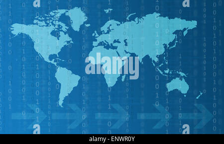 Concetto di nuova comunicazione digitale tecnologie in grado di ridurre la distanza. Le imprese di sfondo in blu con le frecce e una mappa di Foto Stock