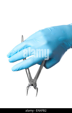 Mano nel guanto blu holding forcipe dentale isolato Foto Stock