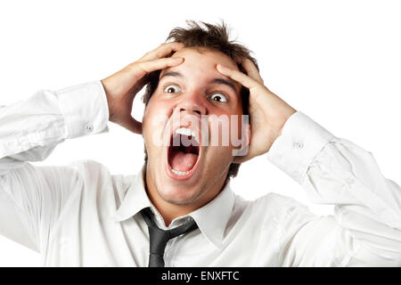 Lavoratore di ufficio mad da stress urlando isolato Foto Stock