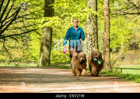 Ronneby, Svezia - 11 Maggio 2015: donna sconosciuta è a spasso i suoi due cani, tenendo un di plastica rosa poo bag in mano. Portare il cane giocattolo verde. Il contatto visivo con la donna. Foto Stock