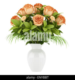 Bouquet di rose arancio in vaso isolato su bianco Foto Stock