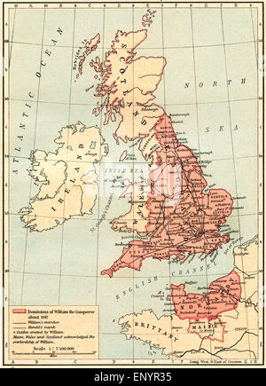 Mappa della Gran Bretagna che mostra le dominazioni di Guglielmo il Conquistatore, c. 1087. Foto Stock