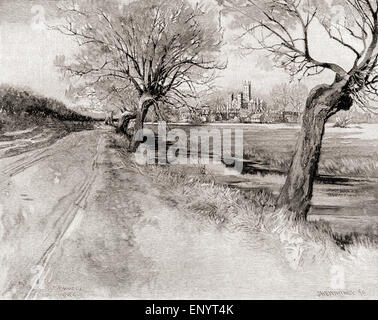 Un palazzo di fine ottocento il disegno della Cattedrale di Canterbury, da sud-ovest, al tramonto. Foto Stock