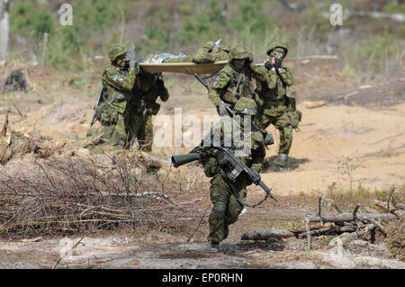 (150512) -- TAPA (Estonia), 12 maggio 2015 (Xinhua) -- soldati estone di agire nella fase finale dell'esercitazione militare "mal' nella Tapa, Estonia, il 12 maggio 2015. I nove giorni trapano militare "mal' (estone per "riccio"), che ha coinvolto 13.000 soldati e gli alleati della NATO con base in Estonia, avvolto su Martedì. (Xinhua/Sergei Stepanov) Foto Stock