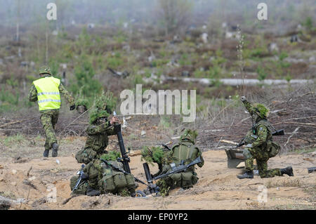 (150512) -- TAPA (Estonia), 12 maggio 2015 (Xinhua) -- soldati estone di agire nella fase finale dell'esercitazione militare "mal' nella Tapa, Estonia, il 12 maggio 2015. I nove giorni trapano militare "mal' (estone per "riccio"), che ha coinvolto 13.000 soldati e gli alleati della NATO con base in Estonia, avvolto su Martedì. (Xinhua/Sergei Stepanov) Foto Stock