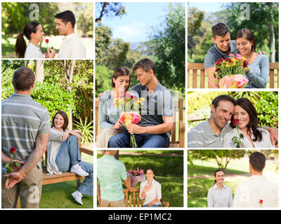 Collage di belle coppie che vogliono godersi un momento insieme in un parco Foto Stock