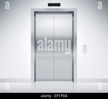 Moderno ascensore o sollevare gli sportelli chiusi in edificio con illuminazione. Foto Stock