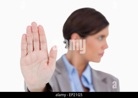 Close up di imprenditrici mano signalizing stop Foto Stock