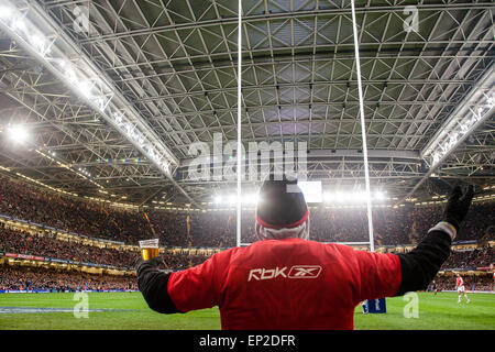 Ventola del Galles il tifo il suo team su,rumore particolarmente forti come tetto chiuso per la partita di rugby, il Galles v Nuova Zelanda. Gli All Blacks,Welsh tifo,supporto Foto Stock