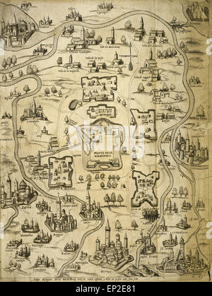 L'Italia. Città di Mantova, Bologna, Venezia, Modena, Ferrara e Parma. Incisione Italiana. Mappa. Il XVI secolo. Foto Stock