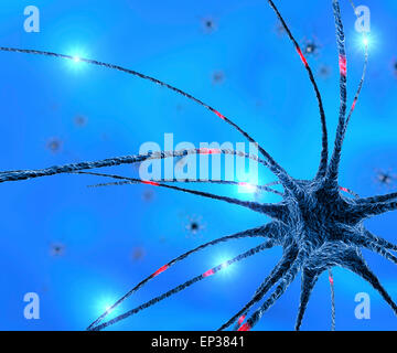 Il rendering del gruppo di neuroni su sfondo blu Foto Stock