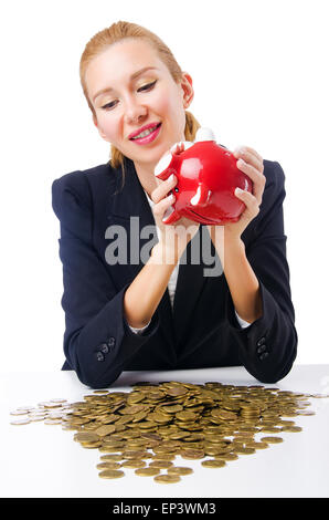 La donna la rottura salvadanaio per il risparmio Foto Stock