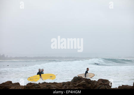 Surfers riposare in acqua a piedi verso una pausa di surf in Byron Bay, Australia Foto Stock