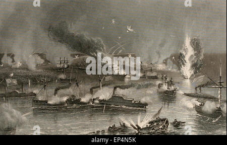 Cattura di New Orleans - Le flotte passando i forti sul fiume Mississippi durante gli Stati Uniti la guerra civile, 1862 Foto Stock
