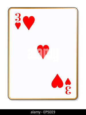 La carta da gioco le tre di cuori su sfondo bianco Foto Stock