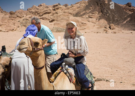 L'Egitto, il Sinai Sharm el Sheikh, Parco Nazionale di Nabq, senor turista sul cammello Beduina per Deserto corsa Foto Stock