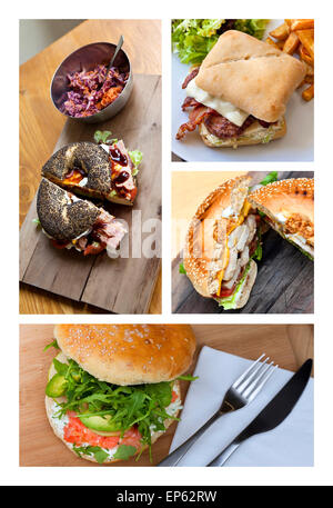 Appetitosi hamburger e bagel su un collage Foto Stock