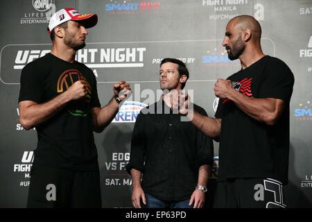 Pasay City, Filippine. 14 Maggio, 2015. Gegard Mousasi face off con Costas Philippou al Solaire Resort e Casinò di Pasay City. UFC fighters ha parlato di la media di due giorni in anticipo della loro lotta programmata presso il centro commerciale Mall of Asia Arena il 16 di maggio. Credito: PACIFIC PRESS/Alamy Live News Foto Stock