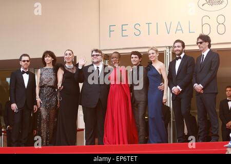 (L-R) i membri della giuria, noi direttore Ethan Coen, attrice francese Sophie Marceau, attrice spagnola Rossy de Palma, Direttore messicano Guillermo del Toro, compositore del Mali Rokia Traore, direttore canadese Xavier Dolan, British attrice Sienna Miller, noi attore Jake Gyllenhaal e noi regista Joel Coen arrivare per la premiere di standing alto durante la fase di apertura della sessantottesima annuale di Cannes Film Festival presso il Palais des Festivals a Cannes, Francia, il 13 maggio 2015. Foto: Hubert Boesl - nessun filo SERVICE - Foto Stock