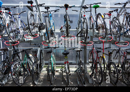 Due livelli di parcheggio per biciclette presso la stazione di Euston, Londra, Inghilterra Foto Stock