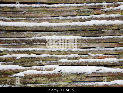 Snowy palo di legno muro di recinzione in inverno Foto Stock