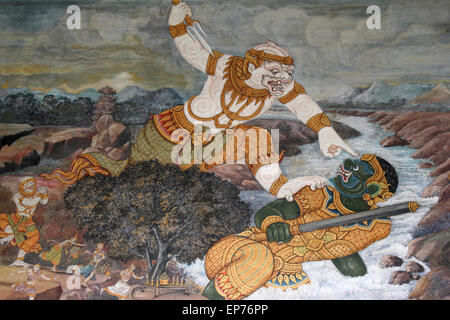 Thai pittura murale in Phra Rabiang (Galleria) in Wat Phra Kaew (il Tempio del Buddha di smeraldo), Bangkok Foto Stock