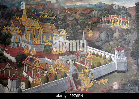Thai pittura murale in Phra Rabiang (Galleria) in Wat Phra Kaew (il Tempio del Buddha di smeraldo), Bangkok Foto Stock