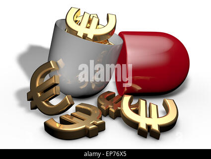 Golden Euro i simboli di valuta in pillola isolati su sfondo bianco. Medicina il concetto di assicurazione Foto Stock