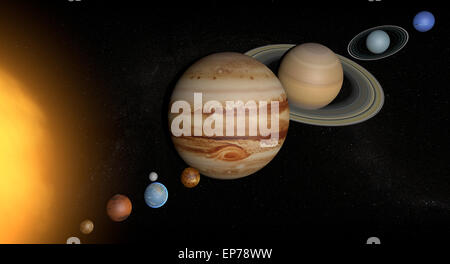 Illustrazione Vettoriale dei pianeti del sistema solare e alcuni dei loro satelliti, nonché diversi distanti pianeti nani Foto Stock