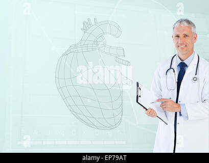 Ritratto di un cardiologo sorridente con un cuore schizzo Foto Stock