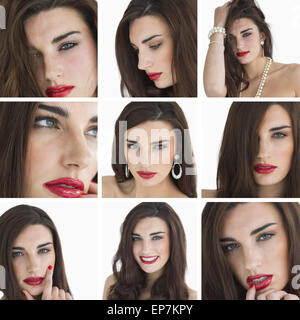 Collage di attraente brunette con rossetto rosso Foto Stock