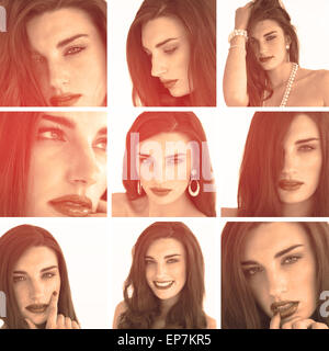 Collage di attraente brunette con rossetto rosso in seppia Foto Stock