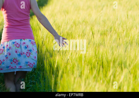 Donna toccando verde orzo acerbo orecchie ben illuminato Campo Closeup Foto Stock